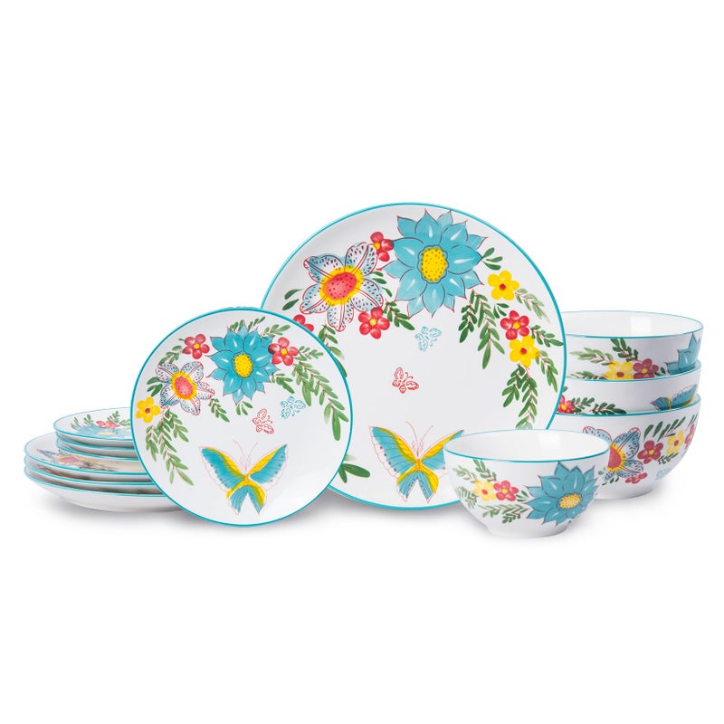HomePop Ceramic 12-Pieces Dinnerware Sets,Dish Plates and Bowls Sets - Red - Image 1