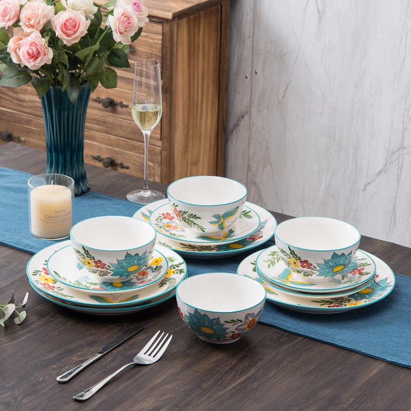 HomePop Ceramic 12-Pieces Dinnerware Sets,Dish Plates and Bowls Sets - Red - Image 4