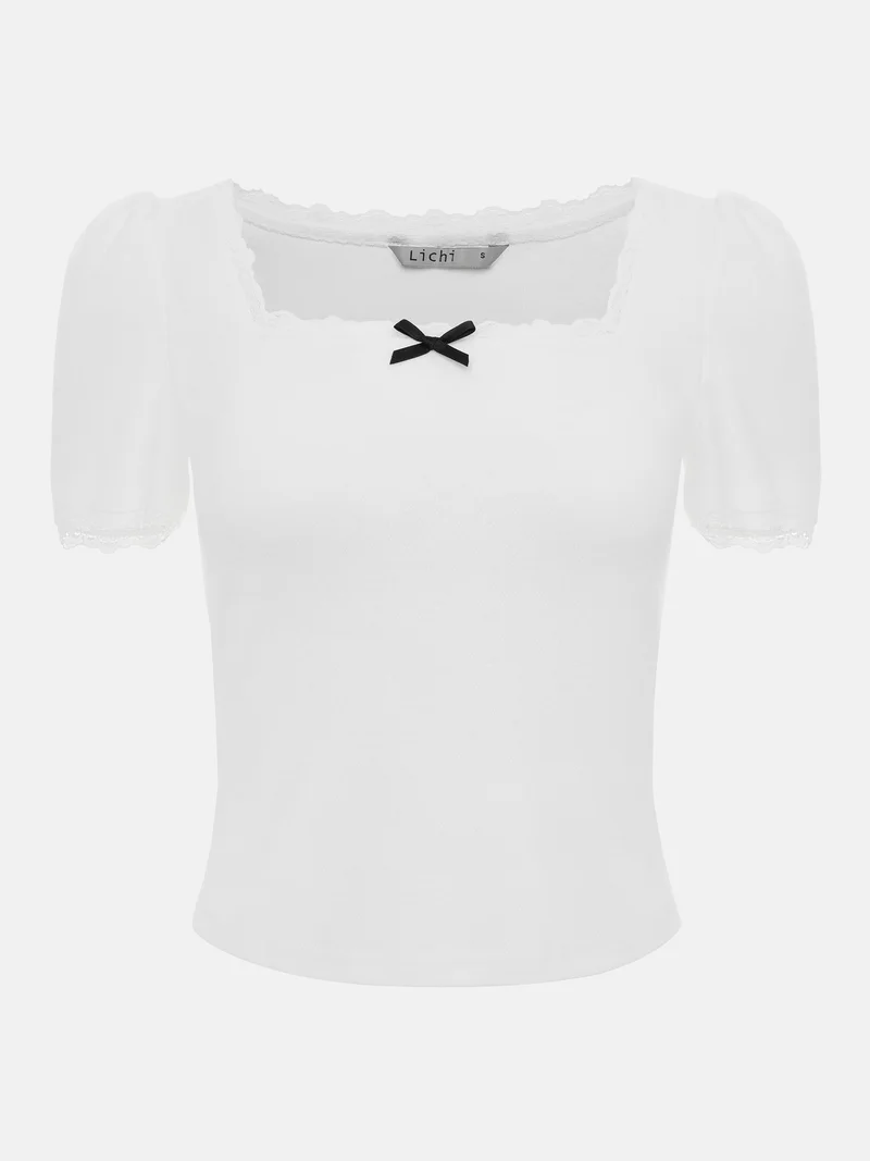 Lichi T-shirt with lace trim and collar bow