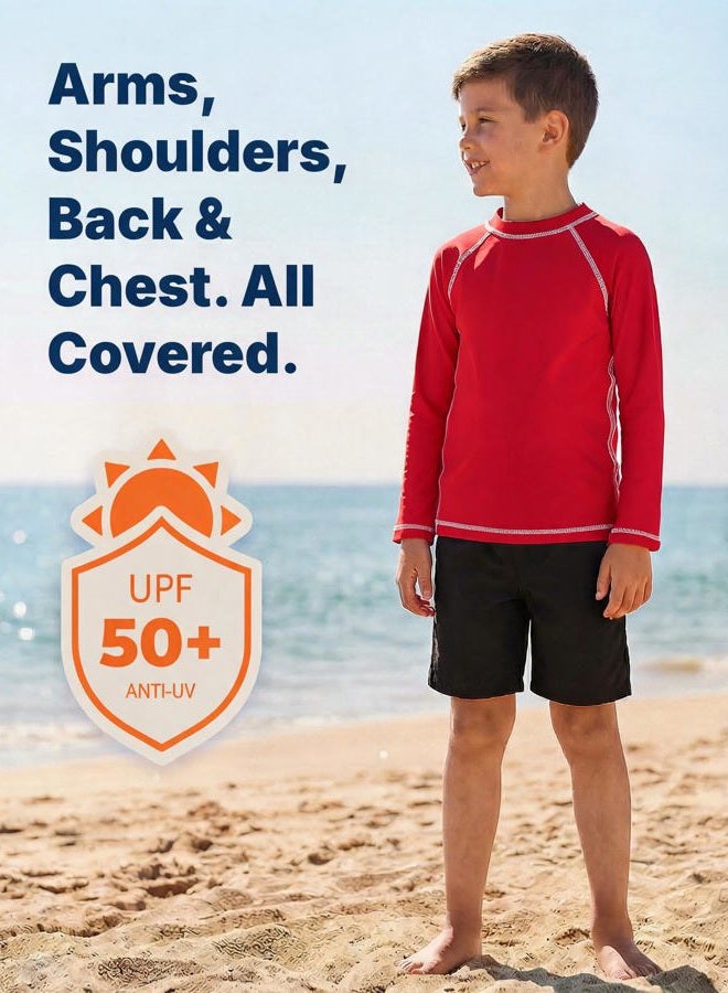 City Threads Little Boys' and Girls' Solid Rashguard Swimming Tee Shirt Rash Guard SPF Sun Protection for Summer Beach Pool and Play, L/S Red, 5 - Image 3