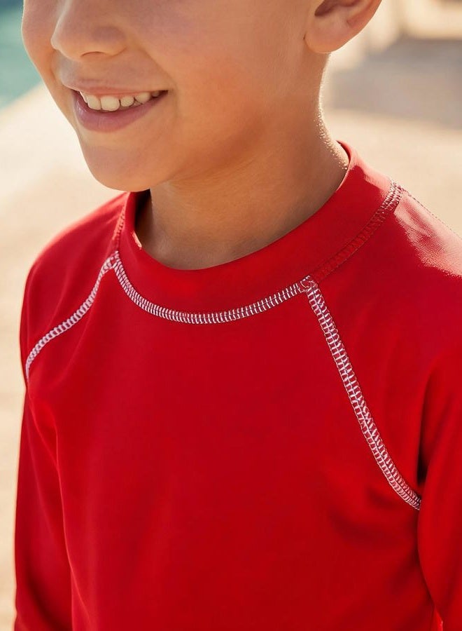 City Threads Little Boys' and Girls' Solid Rashguard Swimming Tee Shirt Rash Guard SPF Sun Protection for Summer Beach Pool and Play, L/S Red, 5 - Image 2