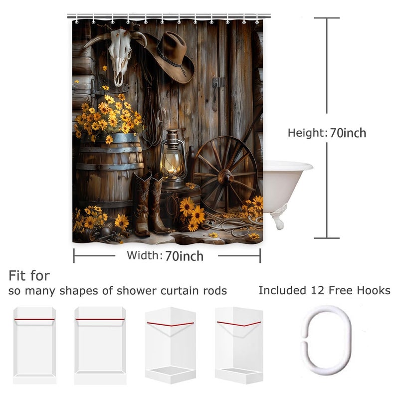 Wathon Western Cowboy Shower Curtain with Farmhouse Barn Door, Southwest Country Ranch Bath Curtain with Cowboy Boots Floral, Rustic Southwestern Theme Bathroom Decor Set with Hooks 70X70IN - Image 4