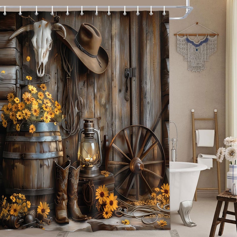 Wathon Western Cowboy Shower Curtain with Farmhouse Barn Door, Southwest Country Ranch Bath Curtain with Cowboy Boots Floral, Rustic Southwestern Theme Bathroom Decor Set with Hooks 70X70IN - Image 1