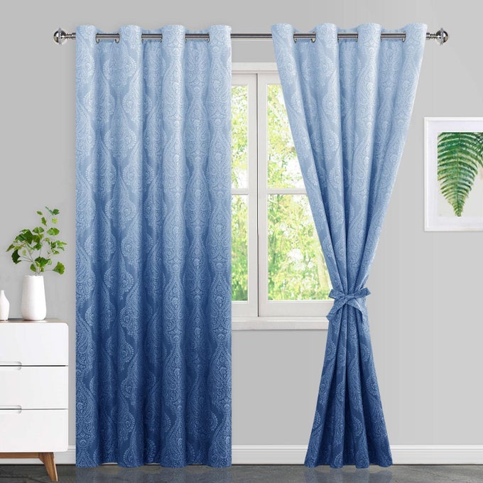 OMBRE BLACKOUT CURTAINS WITH TIEBACKSDAMASK PATTERNED THERMAL INSULATED GROMMET CURTAINS FOR BEDROOM LIVING ROOM 52 X 84 INCHES SET OF 2 PANELS NAVY BLUE