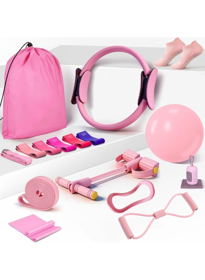 WALALLA 16-Piece Pilates Ring and Resistance Bands Set for Women Home Workout, Yoga Pilates Kit with Pilates Ball, Pedal Puller, Figure 8 Band, Stretch Strap, Non Slip Socks, Towel, Storage Bag Pink - Image 1