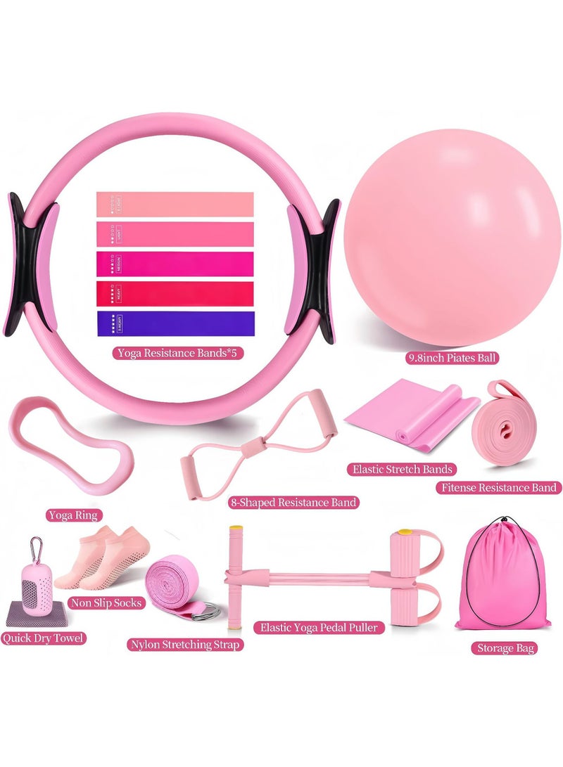 WALALLA 16-Piece Pilates Ring and Resistance Bands Set for Women Home Workout, Yoga Pilates Kit with Pilates Ball, Pedal Puller, Figure 8 Band, Stretch Strap, Non Slip Socks, Towel, Storage Bag Pink - Image 2