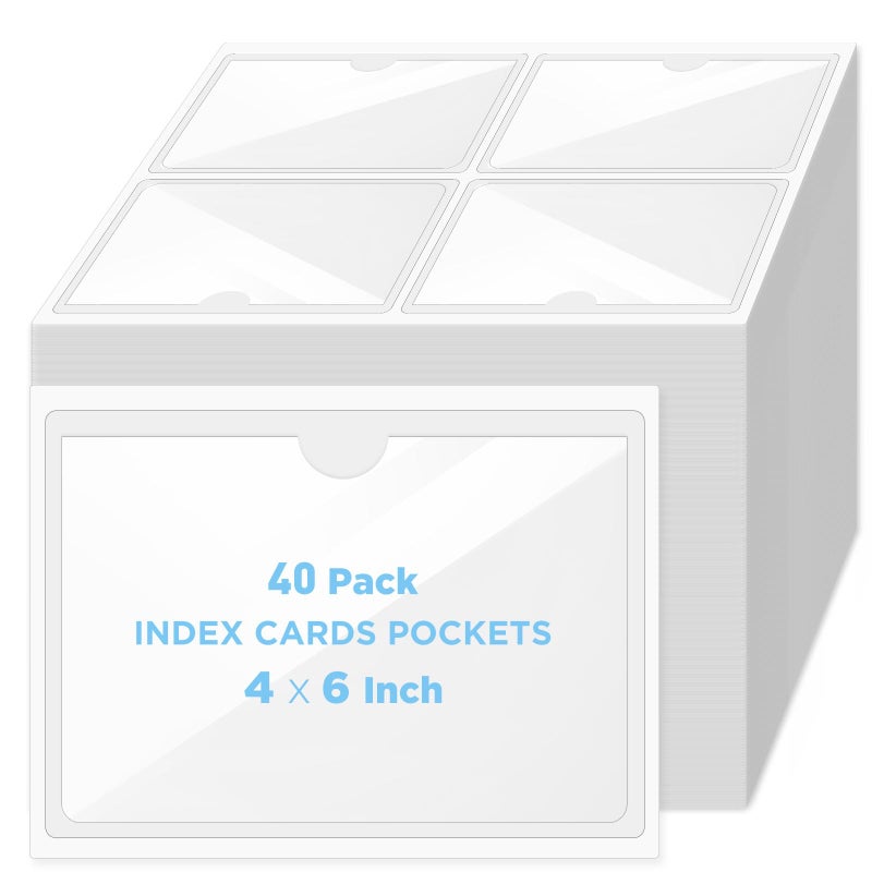 Joyberg 40 Pack Clear Self-Adhesive Pockets, 4" x 6" Index Card Pockets With Top Open Loading, PVC Label Holders for Organizing storage bins, Library Card, Drawer, and Protecting Your Cards - Image 1