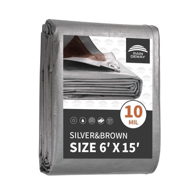 Raindeway Tarps Heavy Duty Waterproof 6X15 Feet 10Mil Thick Multipurpose Poly Tarp Cover With Metal Grommets And Reinforced Edges Silver/Brown Tarp - Image 1
