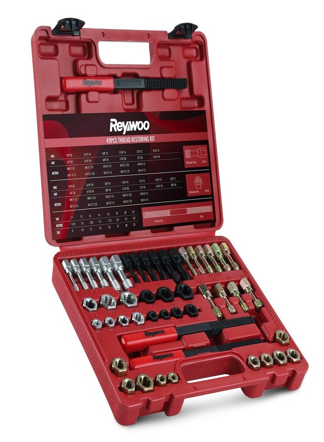 Reywoo 49 PC Thread Chaser Set, Metric and SAE Thread Restorer Tool with 22 Taps 24 Dies 3 Thread Files, Master Thread Cleaner Rethreading Kit in UNC UNF Metric Sizes - Image 1