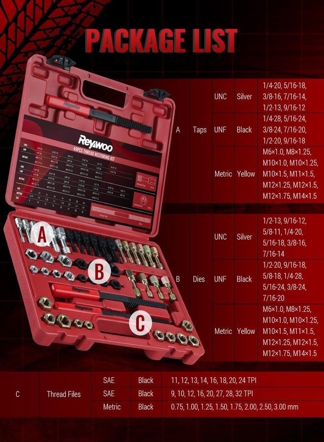 Reywoo 49 PC Thread Chaser Set, Metric and SAE Thread Restorer Tool with 22 Taps 24 Dies 3 Thread Files, Master Thread Cleaner Rethreading Kit in UNC UNF Metric Sizes - Image 3