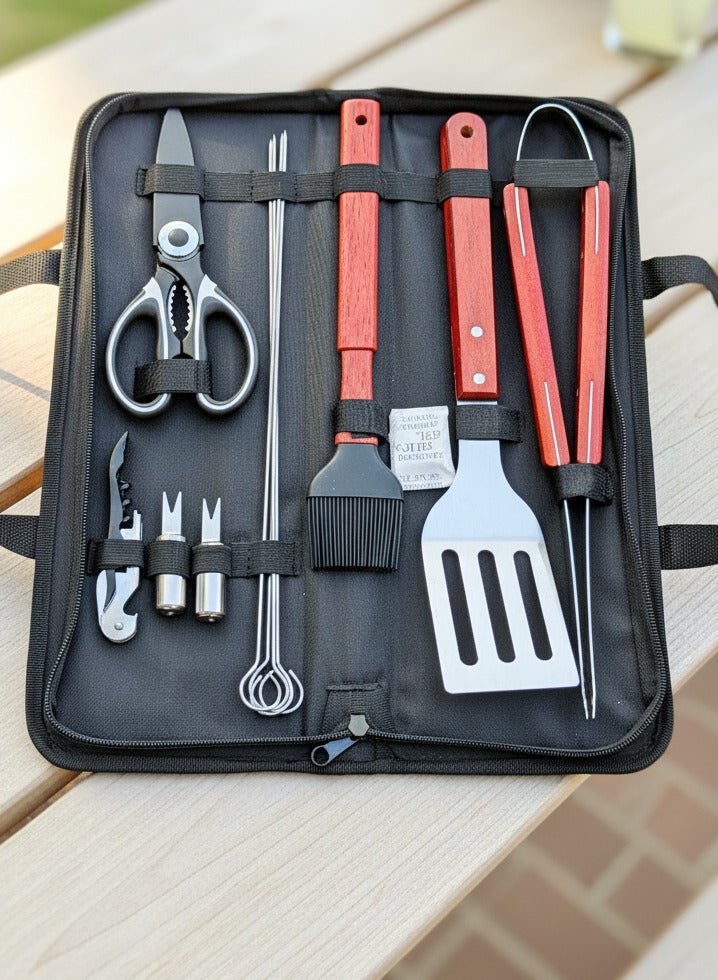 GO2CAMPS 12 PCS Premium BBQ Grill Tool Set with wooden Handle & Carrying Bag – Stainless Steel Barbecue Accessories Kit with Wooden Handles – Includes Spatula, Scissor, Tongs, Fork, Brush, Skewers, Shears, Corkscrew & More – Outdoor Grilling Gift Set for Camping, Garden and Desert Picnic & Backyard BBQ Parties and Events - Image 1