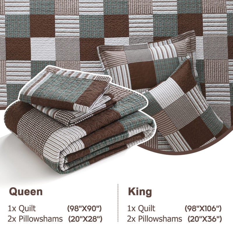 Finlonte Quilt King Size - 100% Cotton King Size Comforter Set Brown Green White Plaid Farmhouse Quilt Bedding Set, Reversible Lightweight Soft Bedspread, Quilted Coverlet All-Season, 3-Piece - Image 5