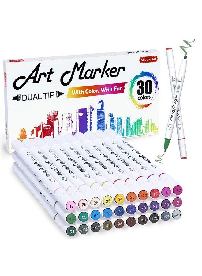 Shuttle Art 30 Colors Dual Tip Art Markers Permanent Marker Pens Highlighters Perfect For Illustration Adult Coloring Sketching And Card Making - Image 1