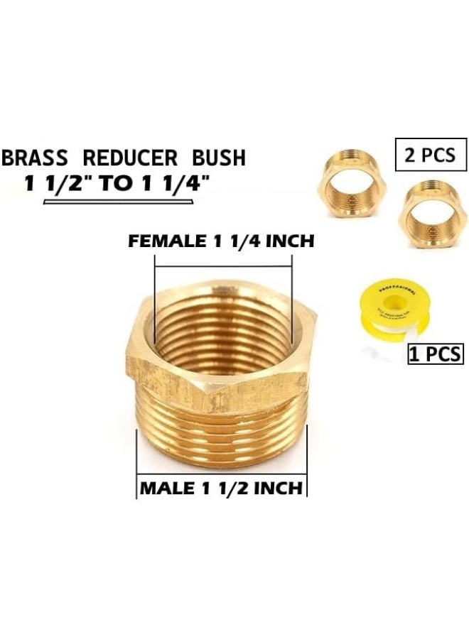 Biella Pack Of 2 Brass Reducer Bsp Male Thread To Female Thread Reducing Bush Hex Reducer Bushing Hose Pipe Fitting Connector Adapter And Teflon Tape (1 1/2 Inch To 1 1/4 Inch)  - Image 2