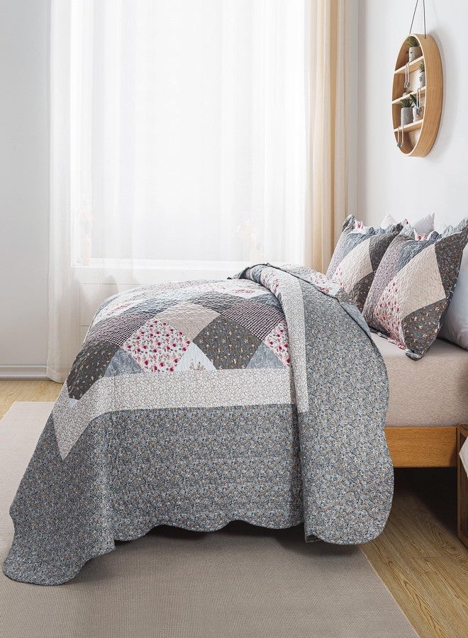 HoneiLife طقم لحاف هوني لايف بحجم كوين - 3 قطع - طقم مفروشات من الألياف الدقيقة بحواف رمادية - أغطية خفيفة الوزن قابلة للعكس، مفروشات مزينة بالزهور - ألحفة مناسبة لجميع الفصول - Image 3