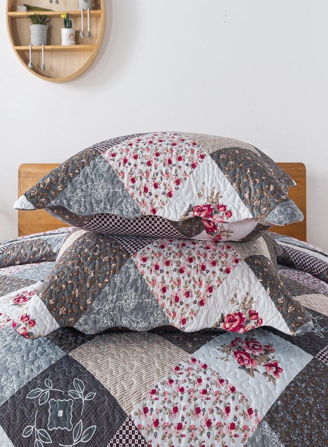 HoneiLife طقم لحاف هوني لايف بحجم كوين - 3 قطع - طقم مفروشات من الألياف الدقيقة بحواف رمادية - أغطية خفيفة الوزن قابلة للعكس، مفروشات مزينة بالزهور - ألحفة مناسبة لجميع الفصول - Image 4