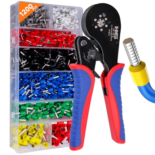 HKS Ferrule Crimping Tool Kit AWG 30-5 with 1200PCS Red Copper Terimnals, Hexagonal Self-Adjusting Ratchet Crimper for End-Sleeves (16-6 with 1200PCS Kit) - Image 1