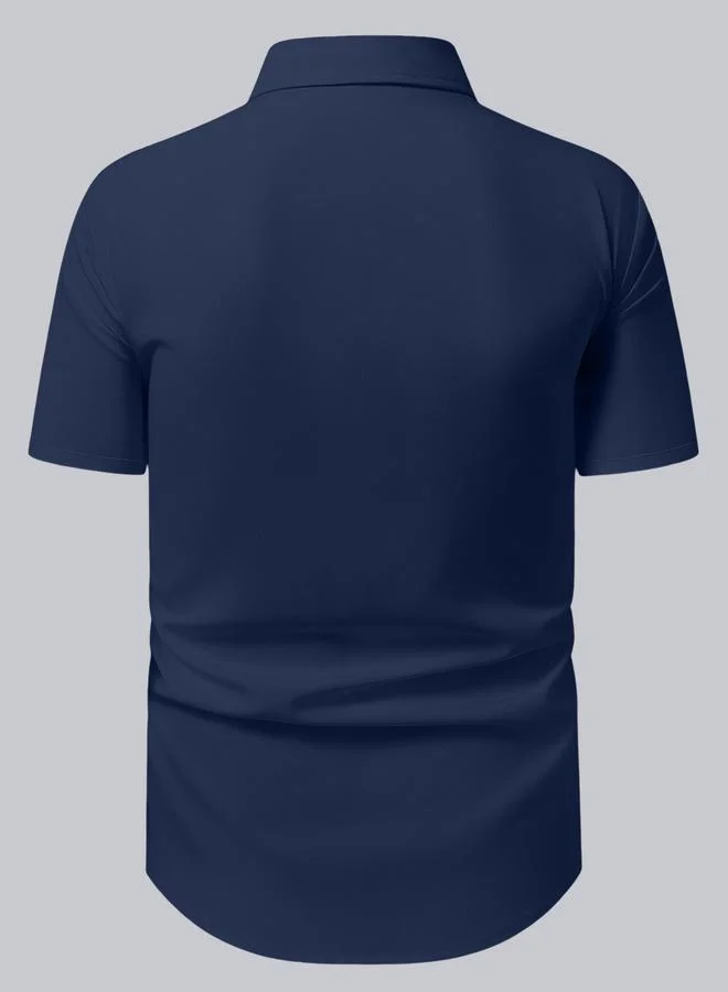 Take Two Men Navy Blue Pleated Spread Collar Shirt
