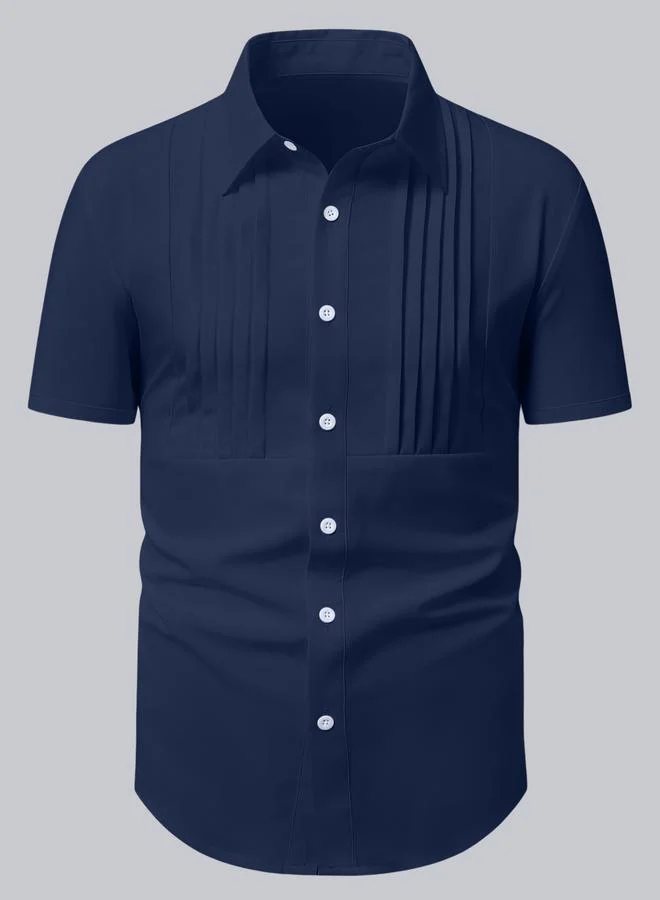 Take Two Men Navy Blue Pleated Spread Collar Shirt