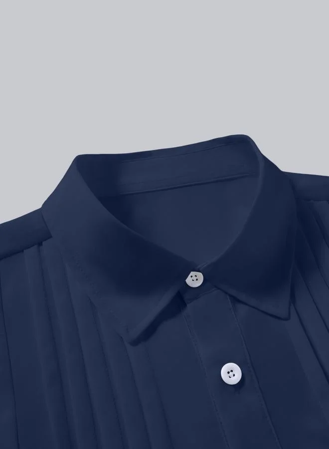 Take Two  Men Navy Blue Pleated Spread Collar Shirt for Men | Best Price UAE