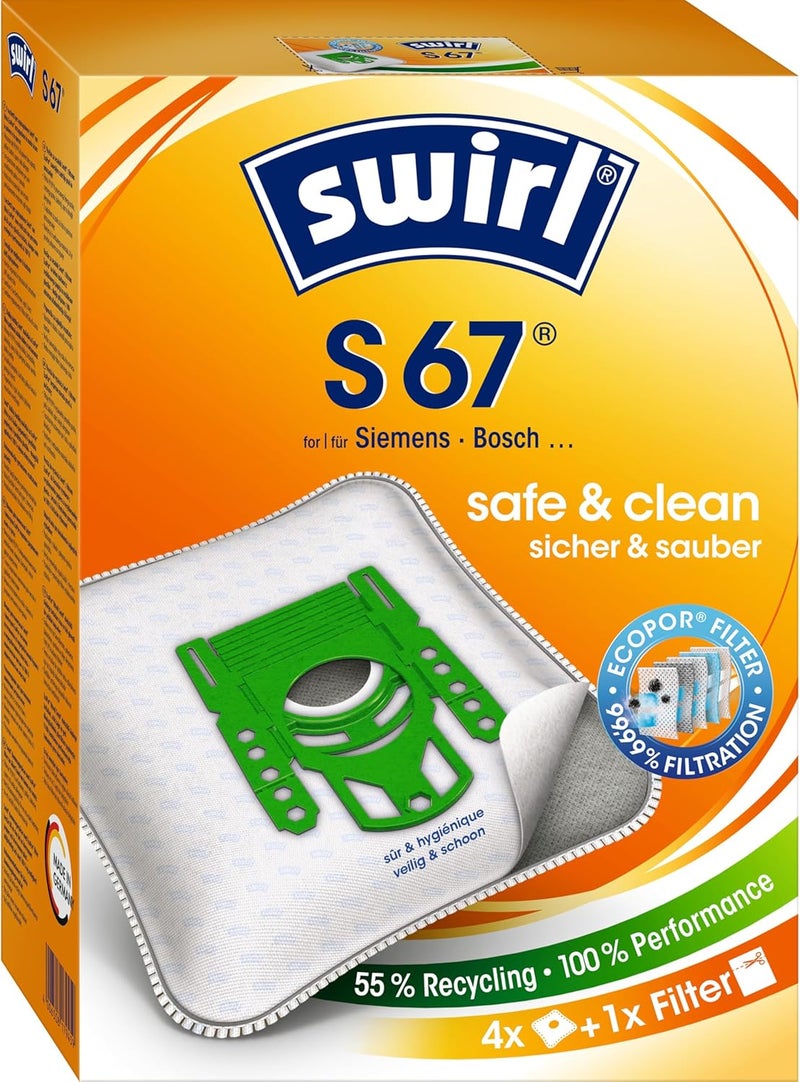 Swirl S 67 Vacuum Cleaner Bags Ideal For Pet Owners, For Siemens, Bosch Vacuum Cleaners, Pack of 4 Bags + 1 Anti-Allergen Filter Flexible sizing options - Image 1