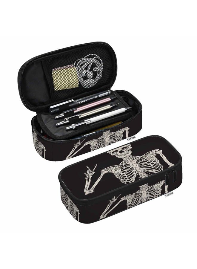Yekiua Human Skeleton Posing Pen Bag Rock Roll Skull Boho Hippie Large Pencil Case Big Capacity Pencil Pouch Pencil Holder Black - Image 1