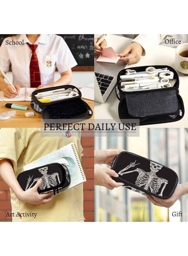 Yekiua Human Skeleton Posing Pen Bag Rock Roll Skull Boho Hippie Large Pencil Case Big Capacity Pencil Pouch Pencil Holder Black - Image 4