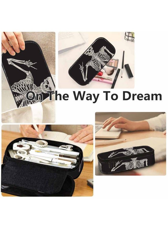 Yekiua Human Skeleton Posing Pen Bag Rock Roll Skull Boho Hippie Large Pencil Case Big Capacity Pencil Pouch Pencil Holder Black - Image 5