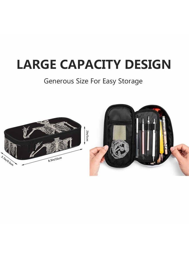 Yekiua Human Skeleton Posing Pen Bag Rock Roll Skull Boho Hippie Large Pencil Case Big Capacity Pencil Pouch Pencil Holder Black - Image 2