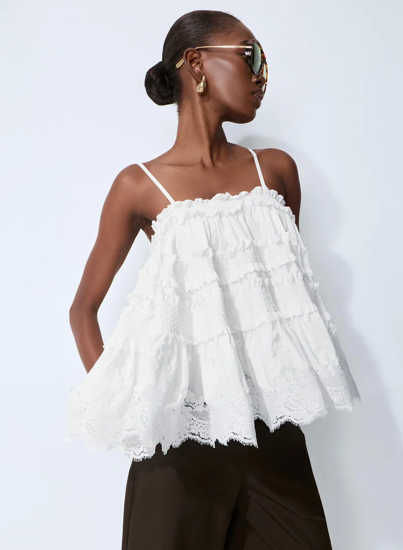 Sunfere Stay So Sweet White Tiered Ruffle Spaghetti Strap Top