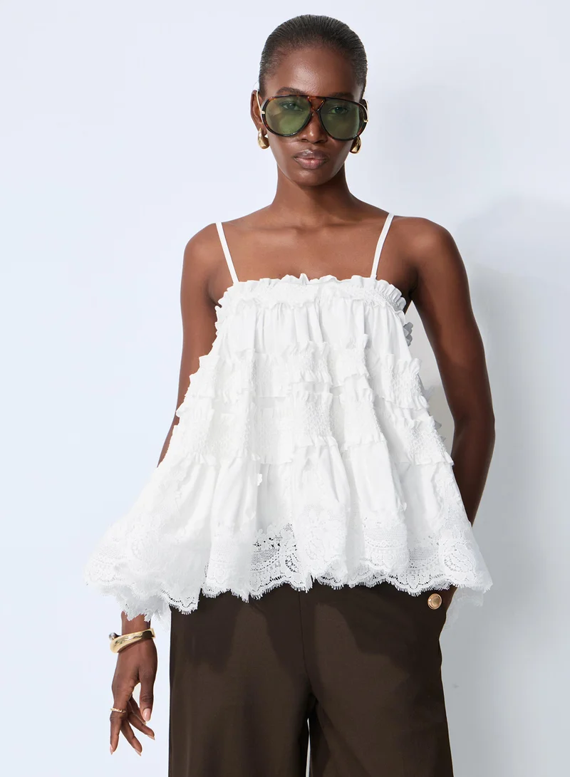 Sunfere Stay So Sweet White Tiered Ruffle Spaghetti Strap Top