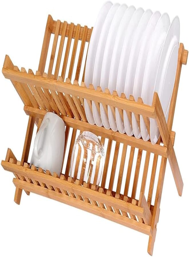 ALISSA Wooden Collapsible Dish Drying Rack Bamboo Kitchen Folding Dish Rack & Plate Holder Compact & Foldable Dish Drainer with 16 Holding Slots