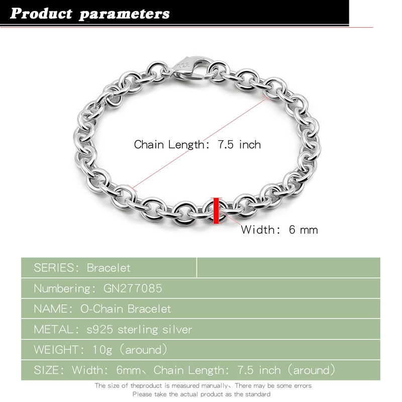 Dankadi 925 Sterling Silver Classic Round Cable Wire Link Bracelet Women Cuban Curb Oval Belcher Link Chain 5.9 to 9 in For Men 24k Gold Plated Cuff Jewelry Gift (6MM Silver, 5.9 inch) - Image 3