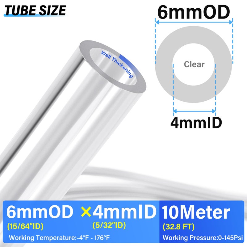 TAILONZ PNEUMATIC Clear 6mm OD 4mm ID Polyurethane PU Air Hose Pipe Tube Kit 10 Meter 32.8ft - Image 2