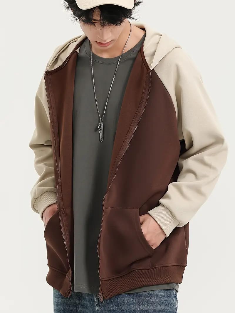 Celary Men's Colorblock Zip-Up Hoodie with Pockets - Casual Cotton Blend Jacket - Image 2