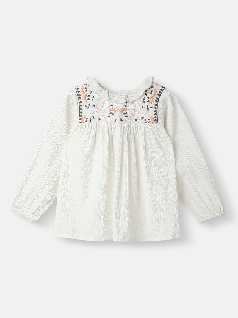 Nautinati Nautinati Girls' Cotton Ruffled Collar Embroidery Detail Top
