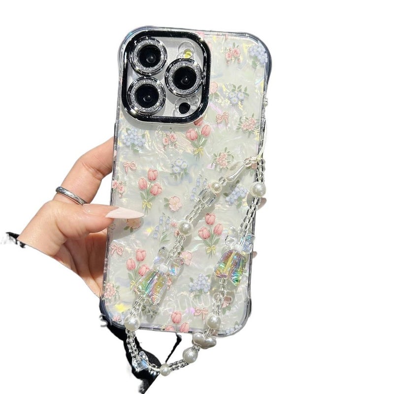 MS غطاء واقي بTPU لـ iPhone 16 / 16 Plus / 16 Pro / 16 Pro Max مع حماية من السقوط وتغطية كاملة مع مقاوم للصدمات مع نقشة الصدف مع نقشة التوليب باللون وردي من مادة TPU باللون الوردي - Image 2