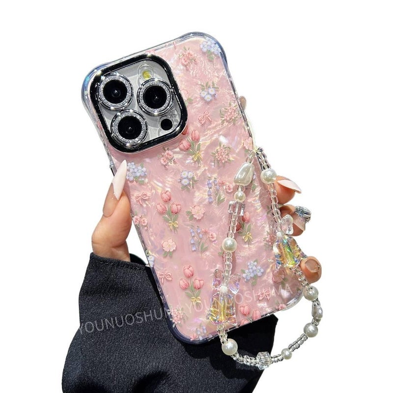 MS غطاء واقي بTPU لـ iPhone 16 / 16 Plus / 16 Pro / 16 Pro Max مع حماية من السقوط وتغطية كاملة مع مقاوم للصدمات مع نقشة الصدف مع نقشة التوليب باللون وردي من مادة TPU باللون الوردي - Image 4