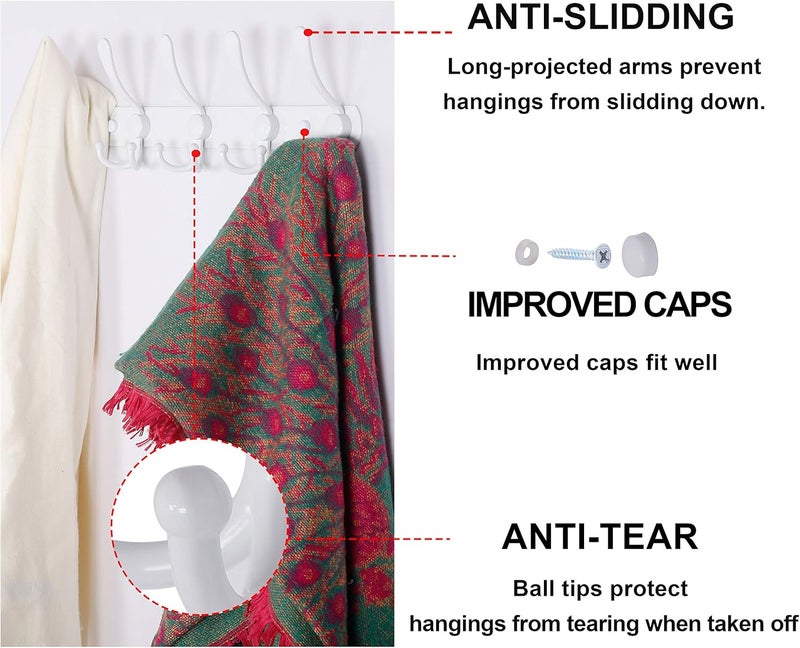 Dseap Elegant appearance Wall Mounted Coat Rack - 5 Tri Hooks, Heavy Duty, Stainless Steel, Metal Coat Hook Rail for Coat Hat Towel Purse Robes Mudroom Bathroom Entryway (White, 2 Packs) Wear resistant upgraded material - Image 5