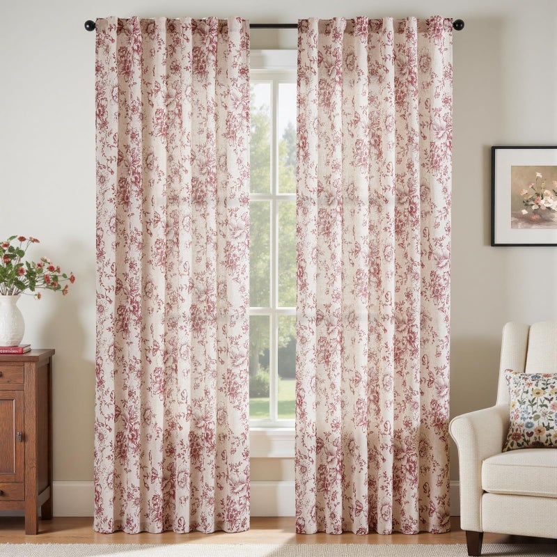 Topick Linen Blend Floral Curtains for Living Room 84 Inch Length Red Printed Rod Pocket Cottage Core Back Tab Farmhouse Peony Patterned Drapes Bedroom Window Treatment 2 Panel Set - Image 4