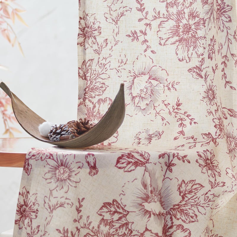Topick Linen Blend Floral Curtains for Living Room 84 Inch Length Red Printed Rod Pocket Cottage Core Back Tab Farmhouse Peony Patterned Drapes Bedroom Window Treatment 2 Panel Set - Image 2