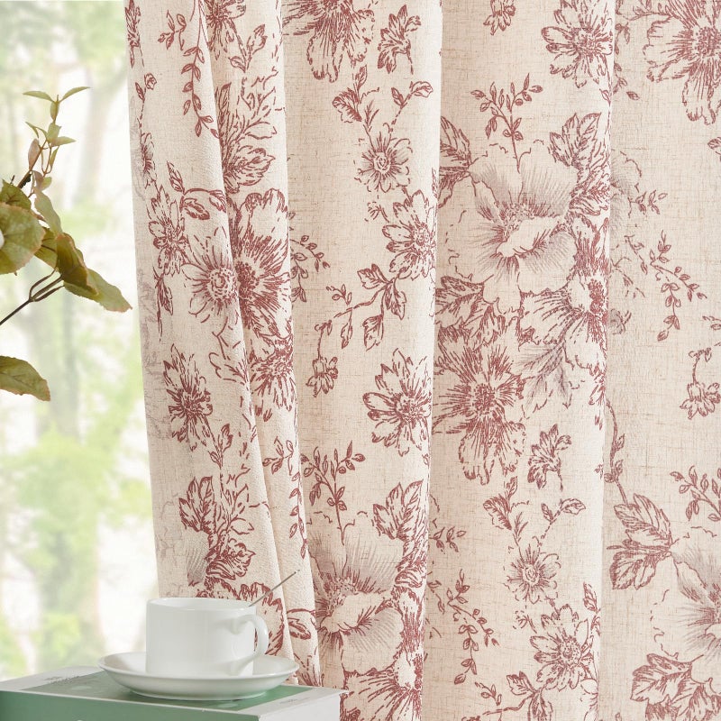 Topick Linen Blend Floral Curtains for Living Room 84 Inch Length Red Printed Rod Pocket Cottage Core Back Tab Farmhouse Peony Patterned Drapes Bedroom Window Treatment 2 Panel Set - Image 1