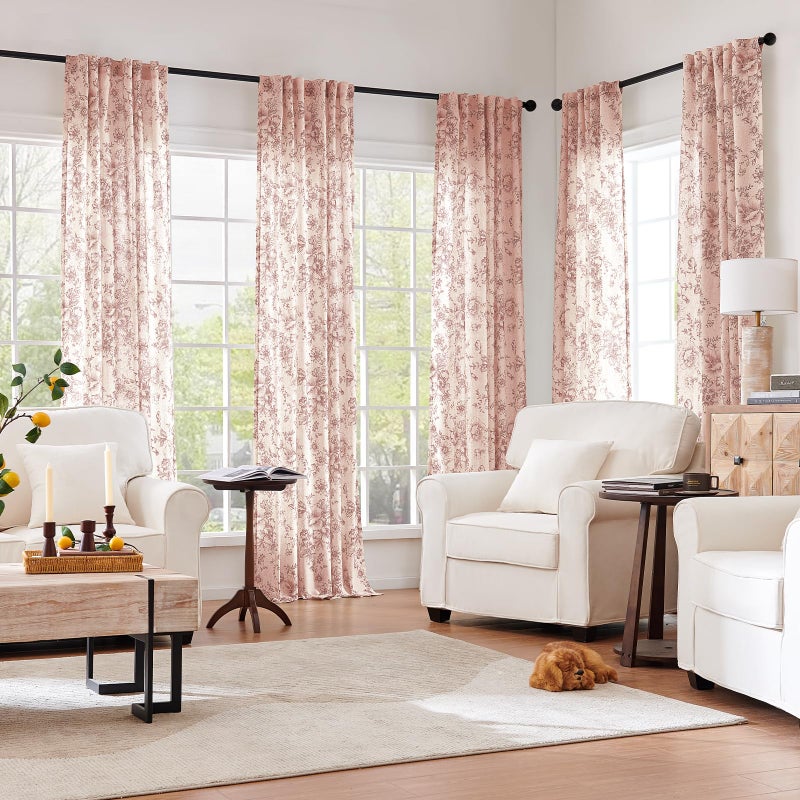 Topick Linen Blend Floral Curtains for Living Room 84 Inch Length Red Printed Rod Pocket Cottage Core Back Tab Farmhouse Peony Patterned Drapes Bedroom Window Treatment 2 Panel Set - Image 3