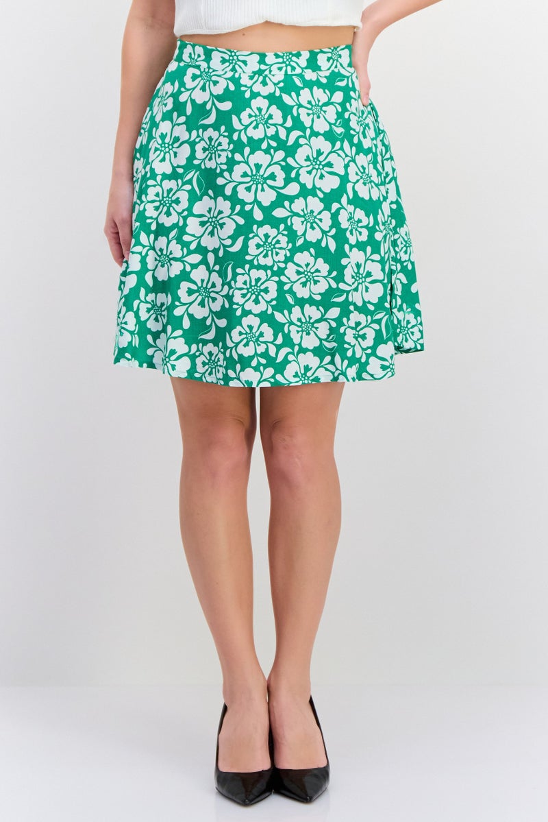 MONKI Women Floral Print Mini Skirt, Green - Image 1