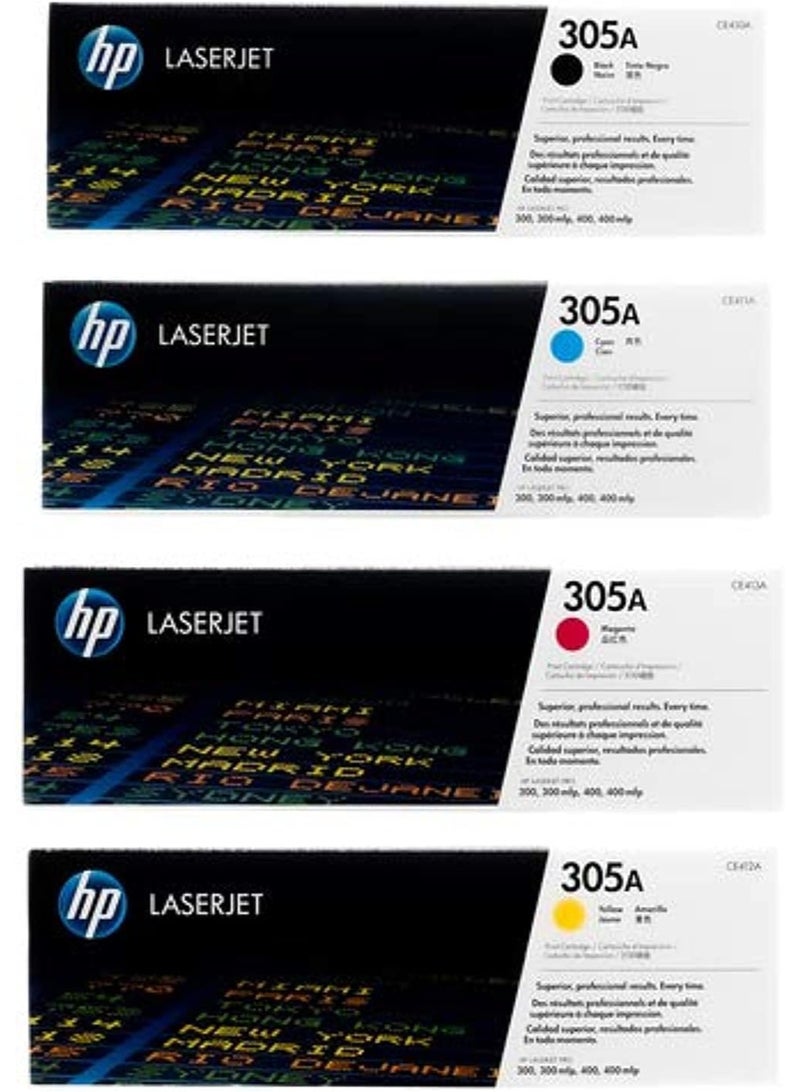 HP Toner HP 305A Toner Cartridge Set 4 Pack | Black Cyan Yellow Magenta Laser Toner Cartridges | Compatible with HP LaserJet Pro 300 Color M351, M375, 400 Color M451, M475 | CE410A CE411A CE412A CE413A - Image 1