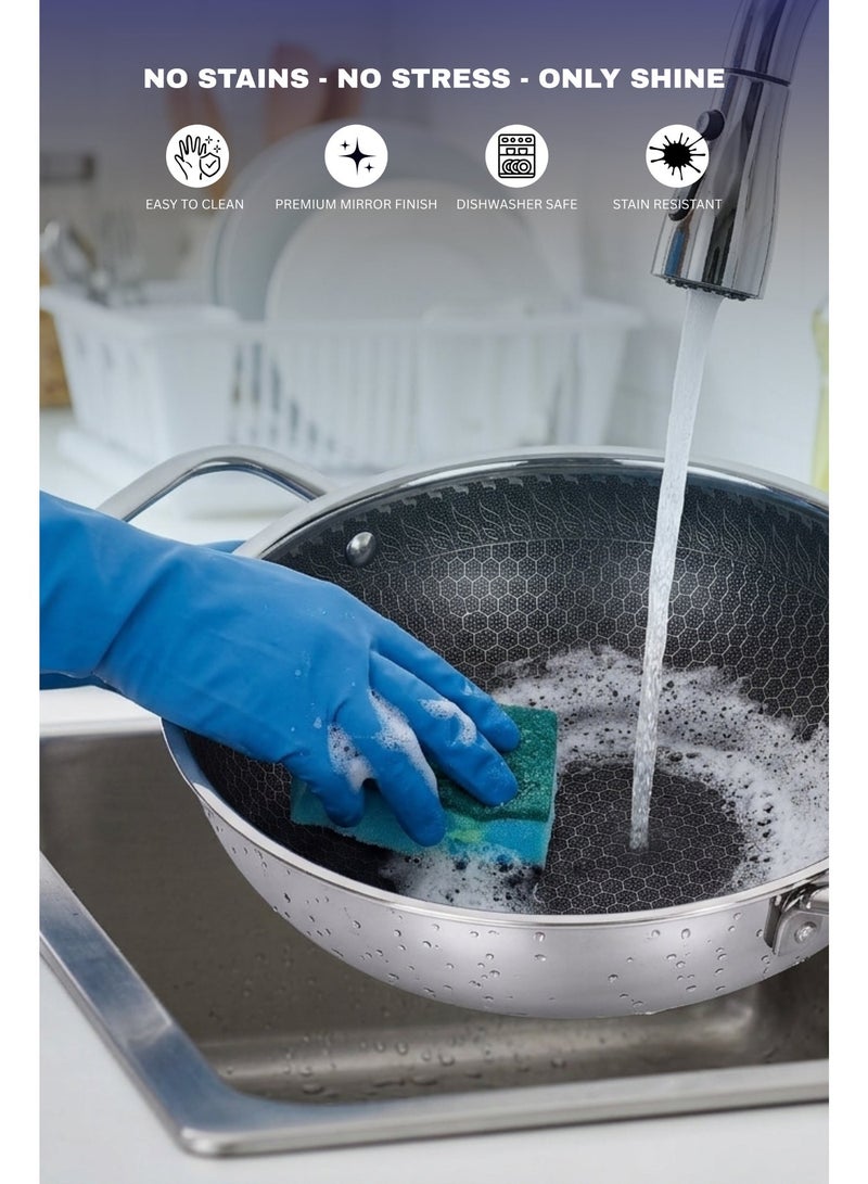 Hynic Tri-Ply Stainless Steel Kadai (24cm) with Glass Lid, Honeycomb Non-Stick Scratch-Resistant Surface, Induction Compatible, Durable & Dishwasher Safe - Image 2