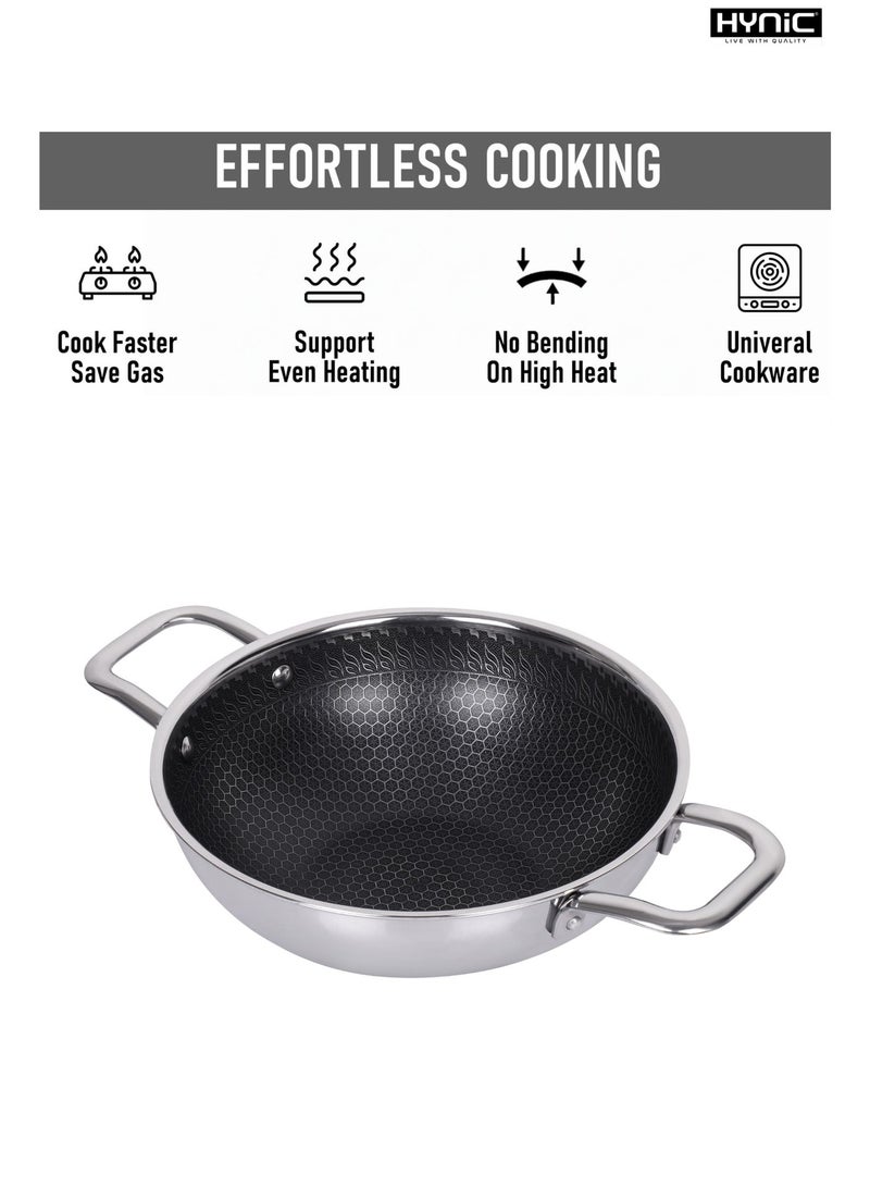 Hynic Tri-Ply Stainless Steel Kadai (24cm) with Glass Lid, Honeycomb Non-Stick Scratch-Resistant Surface, Induction Compatible, Durable & Dishwasher Safe - Image 5