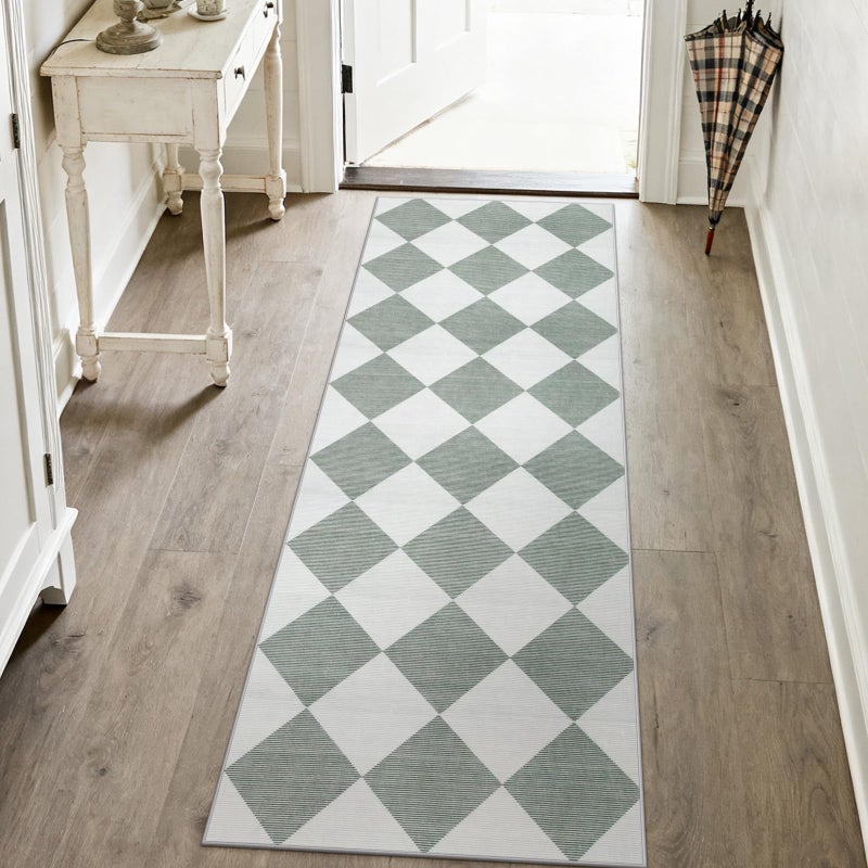 Beeiva Checkered Print Bathroom Runner Rug 2x6, Washable Non Slip Runner Rug for Hallway Ultra Thin Soft 2x6 Capet for Bedroom Decor, Modern Diamond Alfombra for Kitchen Laundry Entryway (Green/White) - Image 2