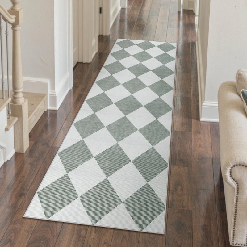 Beeiva Checkered Print Bathroom Runner Rug 2x6, Washable Non Slip Runner Rug for Hallway Ultra Thin Soft 2x6 Capet for Bedroom Decor, Modern Diamond Alfombra for Kitchen Laundry Entryway (Green/White) - Image 1