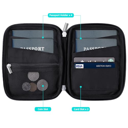 WALNEW Passport Holder Family for 4, RFID Blocking Travel Wallet Women Men, Lightweight Zipper Document Organizer Pouch Bag Credit Cards Case Cover for Travelling, Black - Image 3